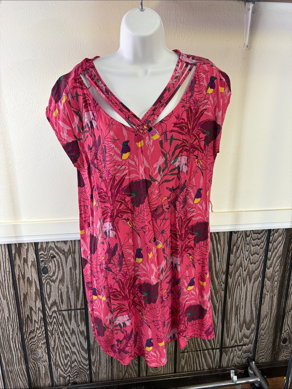Bright Pink Tropical Print Swim Cover-Up with V-Neck Strap Detail